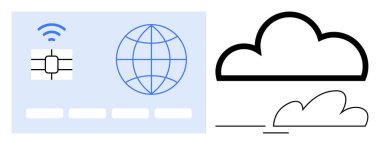 Akıllı çip kartı ve dijital iletişimi temsil eden küresel ağ simgesi, minimalist bulut sembolleriyle eşleştirilmiş. Teknoloji, veri, bağlantı, ağ, güvenlik, bulut hesaplama için ideal