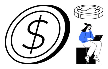 Dev bir para, daha küçük bir para ve dizüstü bilgisayarda yazan bir kadın para yönetimini, çevrimiçi işi, e-ticareti, yatırımları, tasarrufları, girişimciliği ve dijital finansmanı basit bir daire olarak sembolize ediyor.