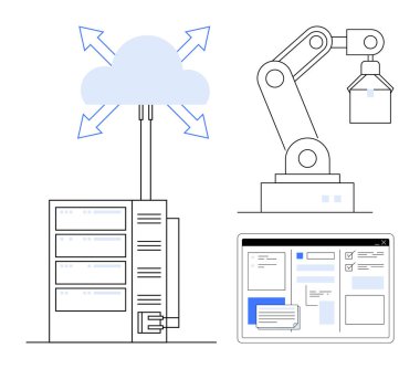 Oklarla buluta bağlanan veri merkezi, robotik kol otomatik görevler ve dijital çalışma akışlarını gösteren arayüz paneli. İOT, teknoloji, otomasyon, bulut hesaplama, imalat için ideal
