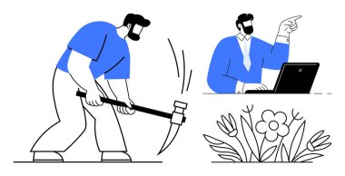 İşçi kazması, dizüstü bilgisayarı işaret eden bir adam ve çiçek açmak işçiliği, verimliliği ve büyümeyi sembolize ediyor. Takım çalışması, çaba, başarı, denge yönetimi hedefi için ideal basit düz metafor