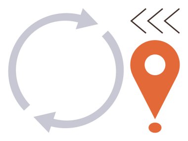 Döngüyü gösteren dairesel oklar, odak noktasını sembolize eden turuncu konum işareti, hareketi gösteren yön sembolleri. Süreç, navigasyon, odaklanma, yön, konum, süreklilik için ideal