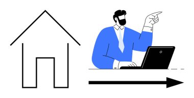 Uzaktan çalışma, kariyer büyümesi, hedef belirleme, çevrimiçi işbirliği, ev idaresi, karar verme mekanizması, basit bir daireyi temsil eden bir ev çizgisi ve okun yakınındaki dizüstü bilgisayarın başında oturan profesyoneller.