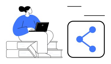 Yanında sosyal paylaşım ikonu olan dizüstü bilgisayarlı kitapların üzerinde oturan bir kadın. Eğitim, uzaktan çalışma, işbirliği, ağ oluşturma, e-öğrenme, sosyal medya, basit iniş sayfası için ideal