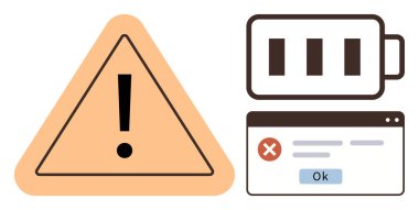 Ünlem işaretli uyarı üçgeni, düşük pil çubuğu ve Ok tuşlu web hata mesajı. Teknoloji, alarm, pil uyarısı, sistem hatası, yazılım sorunu, basit sorun giderme için ideal