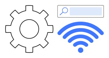 Dişli sembolü, mavi kablosuz sinyal, ve arama çubuğu teknoloji, internet, ağ, sistem optimizasyonu, veri erişimi, bağlantı, basit bir iniş sayfası için ideal