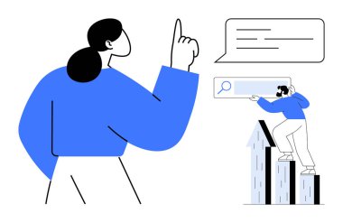 Erkek yükselen grafiklerin üzerinde durup arama girdilerini analiz ederken kadın yön gösteriyor. Takım çalışması, liderlik, veri analizi, rehberlik, büyüme ve yenilik için ideal. En düşük ve basit düz