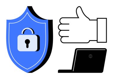 Kilitli mavi kalkan, onaylı jest ve dizüstü bilgisayarda veri koruması, güvenlik, güven, çevrimiçi güvenlik ve teknoloji güvenilirliği vurgulanıyor. Web güvenliği için ideal, teknik servis sade iniş sayfası