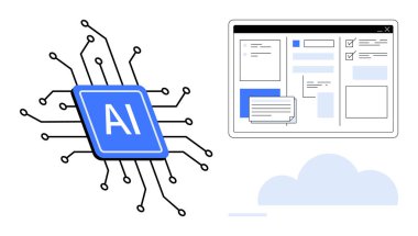 Bağlı devreler ve arayüz gösterim uygulamalarına sahip yapay zeka çipi formları ve mesajları paraflar. Teknoloji, yenilik, otomasyon, ağ oluşturma, makine öğrenme, bulut hesaplama, basit