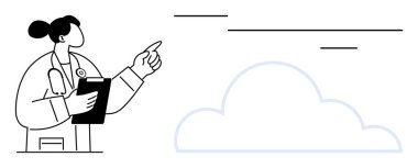 Kadın doktor bir pano tutuyor ve bir buluta doğru işaret ediyor. Sağlık, teknoloji, teletıp, veri analizi, bulut hesaplaması, yenilik ve iletişim temaları için idealdir. Basit düz