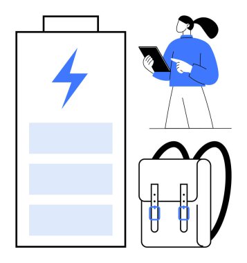 Büyük bir pil ikonu, tablet kullanan bir kadın ve sırt çantası. Teknoloji, uzaktan çalışma, eğitim, seyahat, sürdürülebilirlik, dijital araçlar için ideal basit iniş sayfası