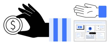 El çabukluğu, el çabukluğu ve grafikler, video ve verilerle dijital arayüz. Finans, teknoloji, yatırım, işbirliği ticaret e-ticaret kullanıcı arayüzü için ideal