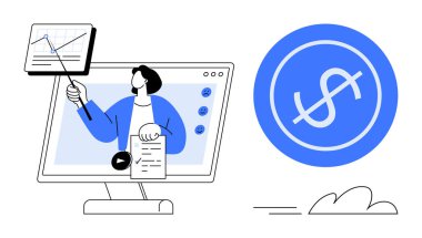 Sunucu, finansal verileri çevrimiçi platform, ekran grafikleri ve notlar ile açıklıyor. Kârı simgeleyen büyük dolar işareti, yenilik için bulut. Finans, iş ve uzak öğrenim için ideal