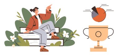 Dizilmiş kitapların üzerinde oturan kadın güvenle etrafı bitkilerle çevrili. Kupa ve pasta grafiği başarıyı, öğrenmeyi, hedef belirlemeyi sembolize eder. Eğitim, başarı, liderlik, ilham için ideal