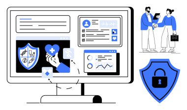 Sağlık verilerini, analitiği ve güvenlik özelliklerini gösteren bilgisayar ekranı. Profesyoneller bilgi alışverişinde bulunuyor. Sağlık, teknoloji, siber güvenlik, veri yönetimi ve analiz için ideal