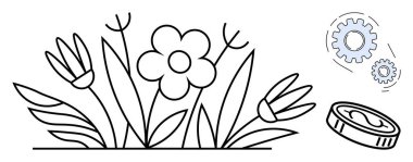 Çiçekler ve yapraklar büyüme dişlilerini sembolize ediyor madeni parayı yansıtıyor. Sürdürülebilirlik, eko-ekonomi, yenilik, yeşil yatırım, çevre, büyüme süreçleri için ideal