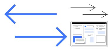 Büyük oklar veri transferini ve belge düzenleri, yorumlar ve görevlerle birlikte bir web arayüzüne doğru akışını temsil eder. İletişim, işbirliği, verimlilik, organizasyon, teknoloji, kullanıcı için ideal
