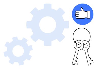 Birbirine kenetlenmiş iki vites, iki eski anahtar ve bir rozet takım çalışması için ideal, yenilik, erişim, onay, verimlilik, ilerleme, basit bir iniş sayfası