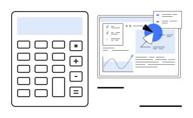 Finansal görevler için pasta grafiği, çizgi grafiği ve kontrol listesi içeren veri gösterge panelinin yanında hesap makinesi. Muhasebe, finans, bütçe, analiz, planlama, strateji için ideal basit bir iniş sayfası
