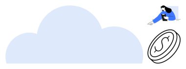 Mavi bulut şekli, akıllı telefonla iletişim kuran kadın dijital hizmetleri sembolize ediyor ve para transferi için. Teknoloji, bulut hesaplama, çevrimiçi bankacılık, veri depolama, fintech için ideal