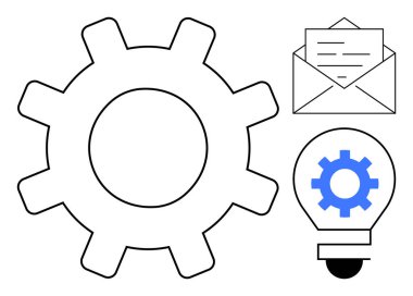 İşlem için vites, mesajlaşma için zarf, yenilik için ampul. Üretkenlik, işbirliği, iş akışı, yaratıcılık, iş iletişimi ve süreç için ideal. Basit düz metafor