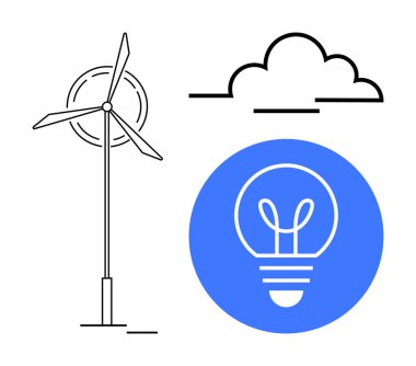 Sürdürülebilir güç için rüzgar türbini, çevreyi sembolize eden bulut, yenilikçi fikirler için ampul. Enerji, sürdürülebilirlik, çevre dostu sistemler, yenilik, çevre, temiz teknoloji için idealdir.