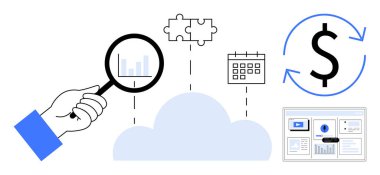 Büyüteç, bulmaca, takvim, dolar simgesi ve gösterge paneli üzerindeki verileri inceliyor. Bulut analizleri, mali planlama, işbirliği, iş büyümesi, yenilik verileri için ideal
