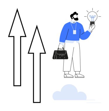 Mavi gömlekli bir iş adamı elinde ampulü havada duran oklar ve evrak çantasının yanında tutuyor. Yenilikçilik, büyüme, yaratıcılık, strateji, liderlik ve iş kavramları için idealdir. Basit.