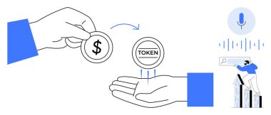 Bir el daha jeton, ses tanıma ikonu, veri analiz eden kişi, ok büyümesi alan başka bir ele dolar veriyor. Teknoloji, finans, kripto para birimi, veri, ses teknolojisi soyut ticaret için ideal