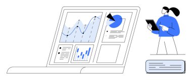 Çeşitli veri tablolarını, grafikleri ve gösterge panellerini gösteren dizüstü bilgisayarı aç. Tablet noktalarını ekranda tutan kişi. İş, analitik, strateji, takım çalışması, araştırma planlaması için ideal