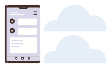 Akıllı telefon iki tamamlanmış öge ile görev kontrol listesini gösteriyor. Mavi bulutlar bulut depolamayı ve dijital çözümleri sembolize eder. Üretkenlik, teknoloji, organizasyon, bulut hesaplama, uzak