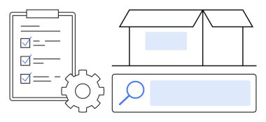 Kontrol işaretli kontrol listesi, ayarlar için ekipman, açık kutu, arama çubuğu büyüteç. Envanter, lojistik, planlama, kişiselleştirme, e-ticaret arama araçları için ideal basit iniş sayfası
