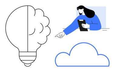 Soyut ampul, elinde pano tutan kadın, bulut tasarımı. Yaratıcılık, beyin fırtınası, yenilik, bulut verileri, çevrimiçi hizmetler, takım çalışması basit iniş sayfası için ideal