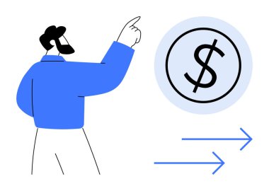 Mavili adam ilerleyişi gösteren oklarla dolar işaretini işaret ediyor. Yatırım, finans, büyüme, ekonomi, tasarruf, strateji ve planlama için ideal. Minimalist düz metafor