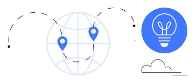 Parlayan bir ampul ve bulutun yanında noktalı çizgilerle birbirine bağlı mavi noktalı soyut bir küre. Yenilik, ağ oluşturma, işbirliği, yaratıcılık, küresel ulaşım için ideal