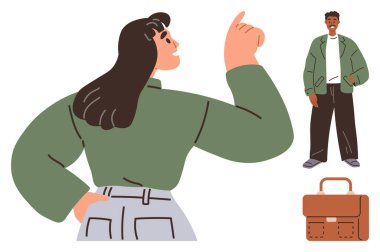 Kendine güveni tam bir kadın, eli kalçasında şık bir adam, sıradan duruşu olan, deri çantalı, yakın bir yerde duruyor. Takım çalışması, güçlendirme, moda, iş dünyası, liderlik, güven için ideal