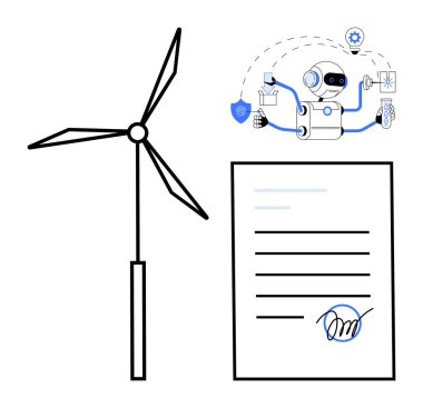 Rüzgar türbini, yapay zeka robot yönetim araçları ve temiz enerji sözleşmelerini vurgulamak için imzalı birleştirme belgeleri. Yeşil teknoloji için ideal, sürdürülebilir enerji, yapay zeka yeniliği, otomasyon, anlaşmalar