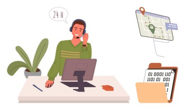 Müşteri destek ajanı masasında kulaklık ve bilgisayar kullanıyor. Yakınlarda, konum kodlu bir harita ve ikili veri içeren bir dosya. İletişim, navigasyon, teknoloji, müşteri hizmetleri, lojistik için ideal