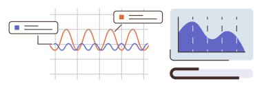 Renk kodlu notlarla çizgi grafiği ve dijital aygıtların veri tabanlı bar grafiği. Veri analizi, istatistik, araştırma, eğitim, raporlar, sunumlar, yenilik, basit daire