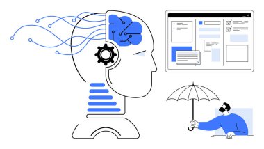 İnsan şemsiyesi, devreli ve dişli dijital kafa ve yazılım arayüzü ekranı. Yapay zeka, makine öğrenimi, yenilik, yaratıcılık, insan-bilgisayar etkileşimi için ideal, basit teknoloji