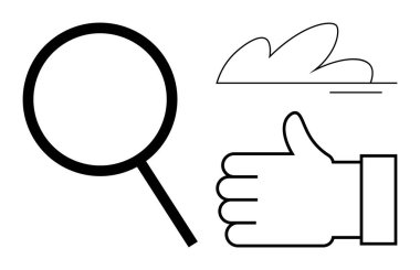 Büyüteç, baş parmak işareti, soyut bulut elementi. Onay, araştırma, analiz, bulut depolama, keşif, geri bildirim ve minimalist basit iniş sayfası için ideal