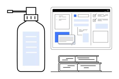 Pompa şişesi dezenfektanı, kitap yığını ve çevrimiçi eğitimi temsil eden dijital arayüz, sağlık güvenliği, temiz çalışma alanı, uzaktan öğrenme, üretkenlik ve modern yaşam dengesi, basit yassı