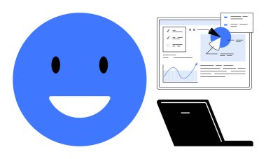 Laptop ve veri tablosuyla gülümseyen mavi surat. Analiz, yenilik, iş, kullanıcı deneyimi, teknik çözümler, verimlilik, üretkenlik, basit iniş sayfası için ideal