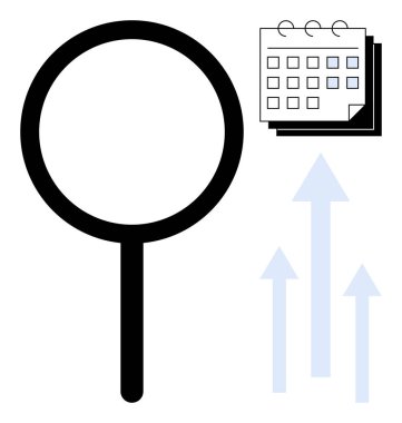 Veri odaklamayı vurgulayan büyüteç, ilerlemeyi sembolize eden yukarı oklar ve planlama için bir takvim. İş, analiz, araştırma, strateji, organizasyon, iş akışı için ideal basit bir daire