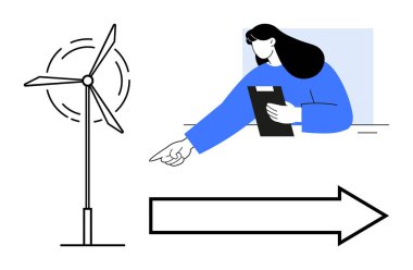 Elinde bir pano olan kadın rüzgar türbininin yakınındaki bir oku işaret ediyor. Temiz enerji, çevresel farkındalık, planlama, karar verme, yenilenebilir kaynaklar, takım çalışması veya basit bir iniş için ideal