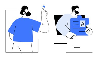 İki stilize karakter, biri bulmaca parçası tutuyor, diğeri yukarıya bakıyor. Takım çalışması, problem çözme, yaratıcılık, işbirliği, strateji, yenilik için ideal basit iniş sayfası