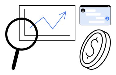 Büyüme grafiği, sohbet penceresi ve para ikonu üzerinde büyüteç. Analiz, finans, iletişim, strateji, ilerleme, basit iniş sayfası yatırımı için ideal