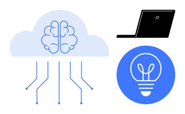 Beyin ve devreleri olan bulut, ampul ikonu, ve yenilik gösteren dizüstü bilgisayar, yapay zeka ve dijital çözümler. Yapay zeka, bulut teknolojisi, yenilik, yaratıcılık eğitimi dijital iş için idealdir.