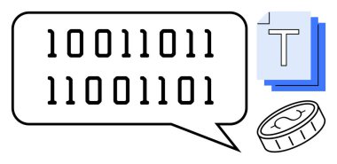 İkili kodlu konuşma balonu, metin dosyaları ve kodlamayı, veri alışverişini, programlamayı, kripto para birimini, yapay zekayı, dijital ekonomiyi ve basit bir iniş sayfasını temsil eden bir sikke.