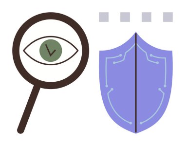 Gözü ve saati olan büyüteç, devre çizgileri siber güvenliği ön plana çıkaran tetikte olma kalkanını vurgular. Koruma, güvenlik, veri gizliliği, izleme, şifreleme ve güvenlik sistemleri için ideal