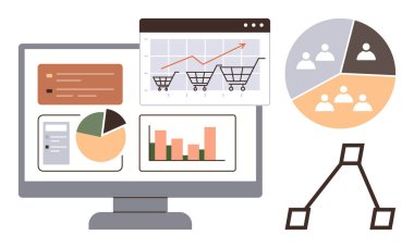 Bilgisayar ekranında e-ticaret grafikleri, pasta grafikleri, bar grafikleri ve iş akışı diyagramı ve segmentli takım çizelgeleri gösteriliyor. Veri analizi, e-ticaret eğilimleri, pazarlama, iş akışı için ideal